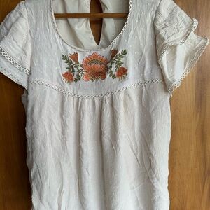 Embroidered Cream Women’s Peasant Top - Floral Detail